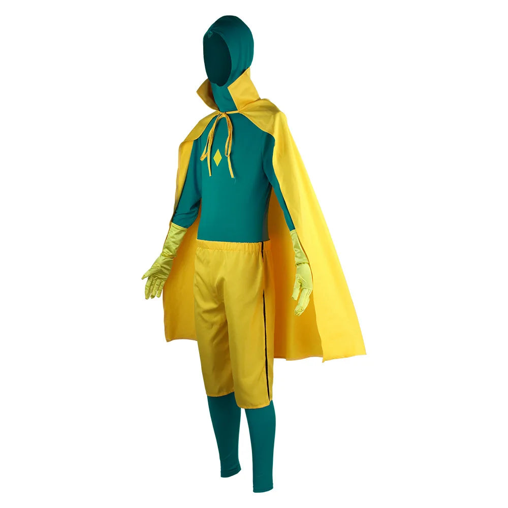 Déguisement Vision - Combinaison Turquoise et Jaune avec Cape
