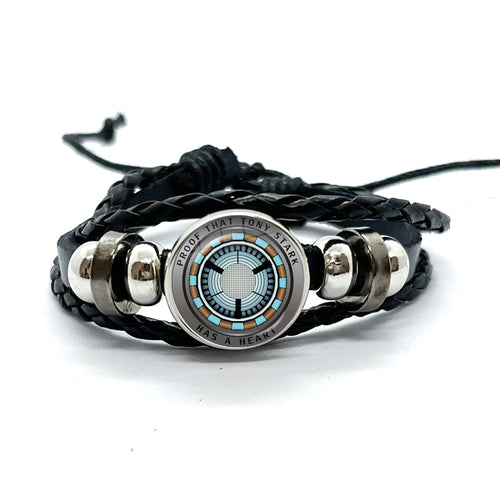 Bracelet Cuir Tony Stark Réacteur Arc - Noir Rayons Turquoise Triangles