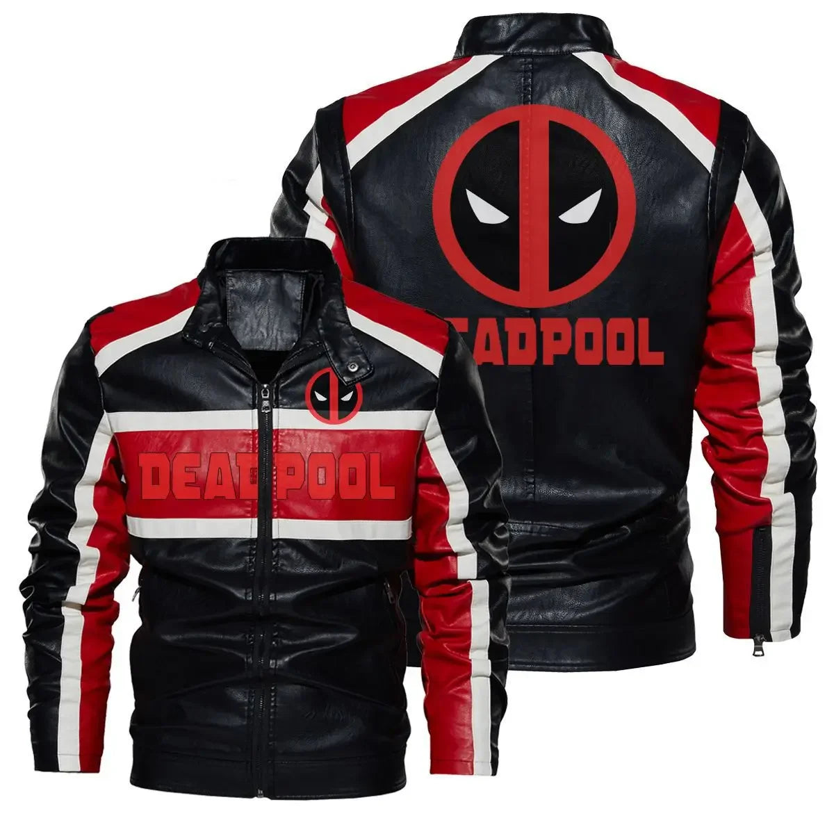Veste Cuir Homme Deadpool - Logo Rouge Noir Blanc Motard