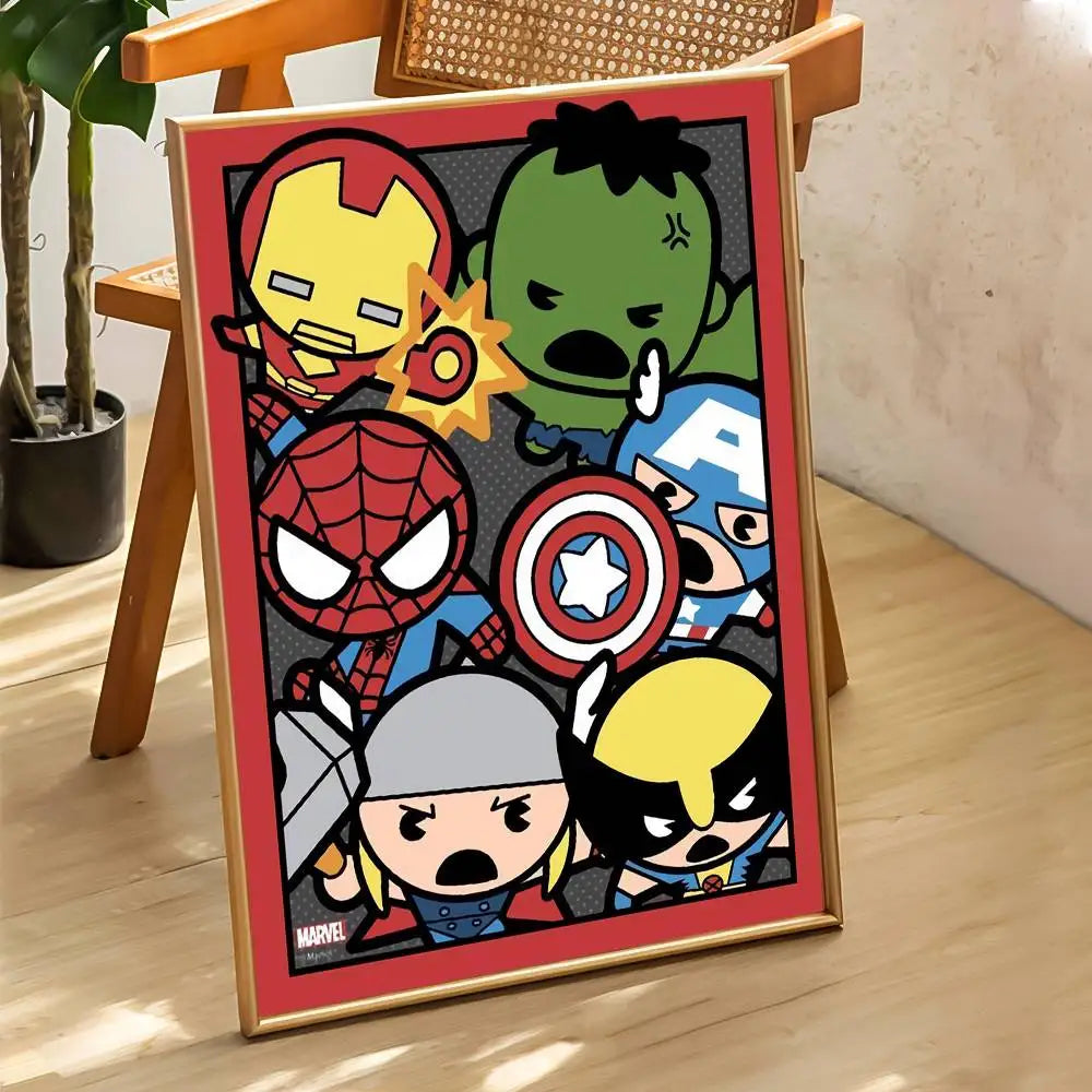 Affiche Chibi Marvel Groupe Heros - Cadre Rouge