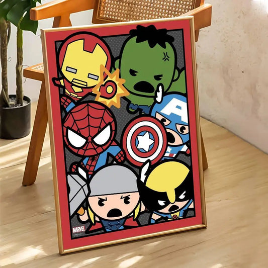Affiche Chibi Marvel Groupe Heros - Cadre Rouge
