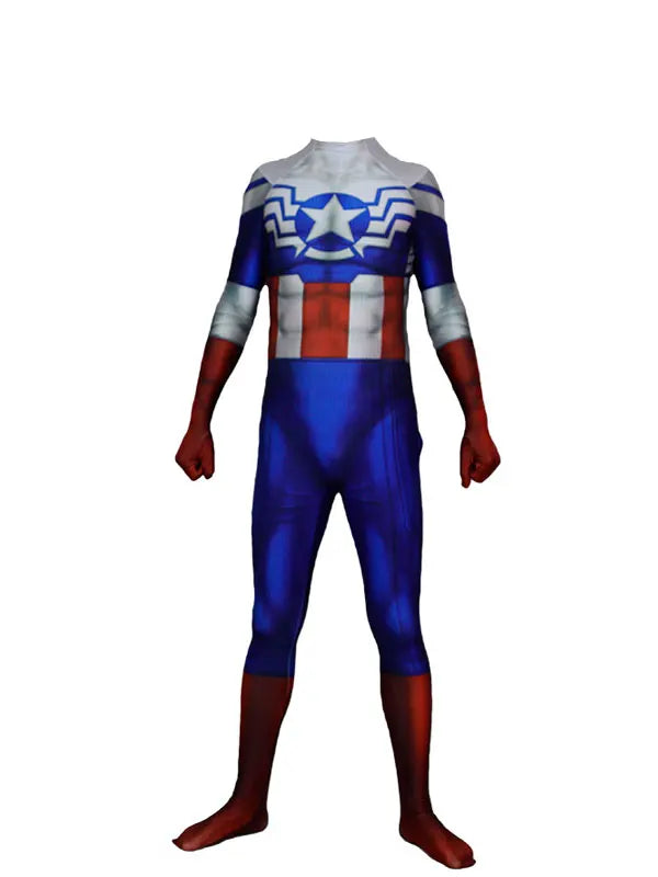 Déguisement Captain America Femme - Combinaison Bleue Blanche et Rouge avec Étoile