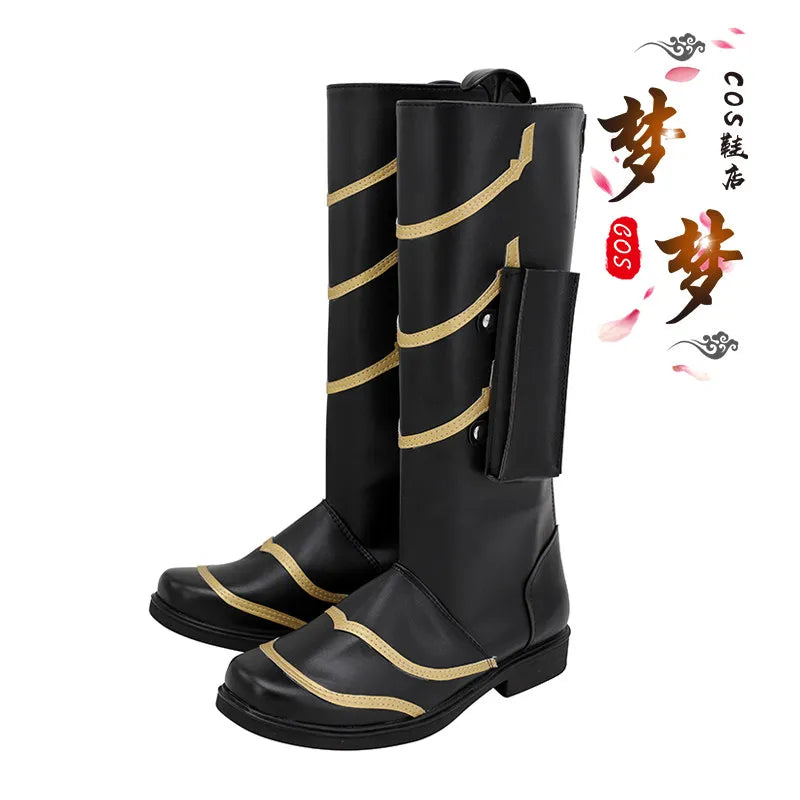 Bottes Cosplay Fantaisie - Cuir Noir et Doré Zigzag (Femme)