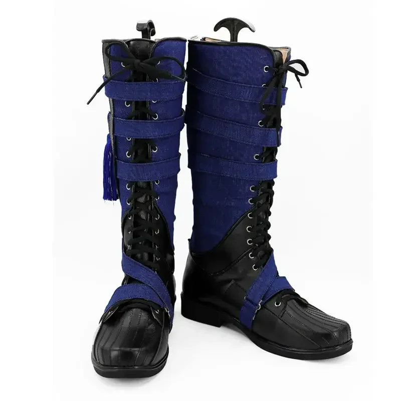 Bottes Cosplay Fantaisie - Cuir Bleu Marine et Noir avec Pompon (Homme)