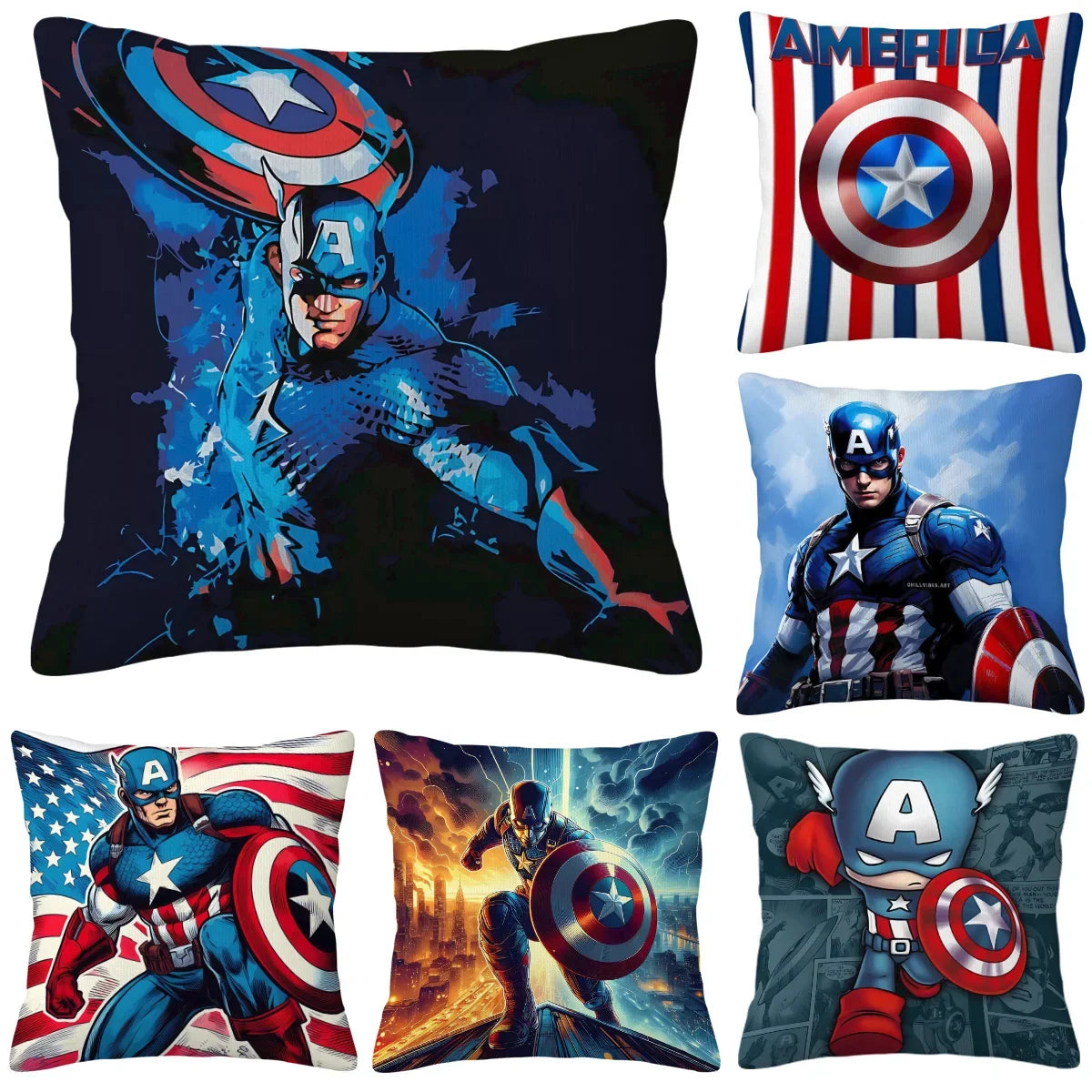 Housse de Coussin Captain America - Chibi Fond BD Bleu