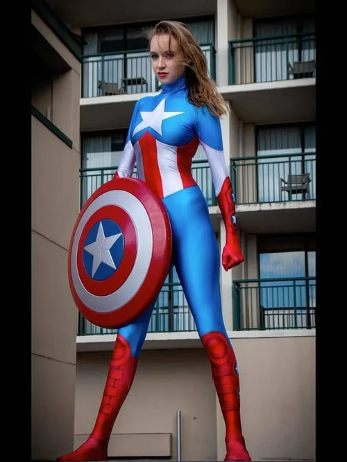 Déguisement Captain America Femme - Combinaison Bleue Blanche et Rouge avec Étoile