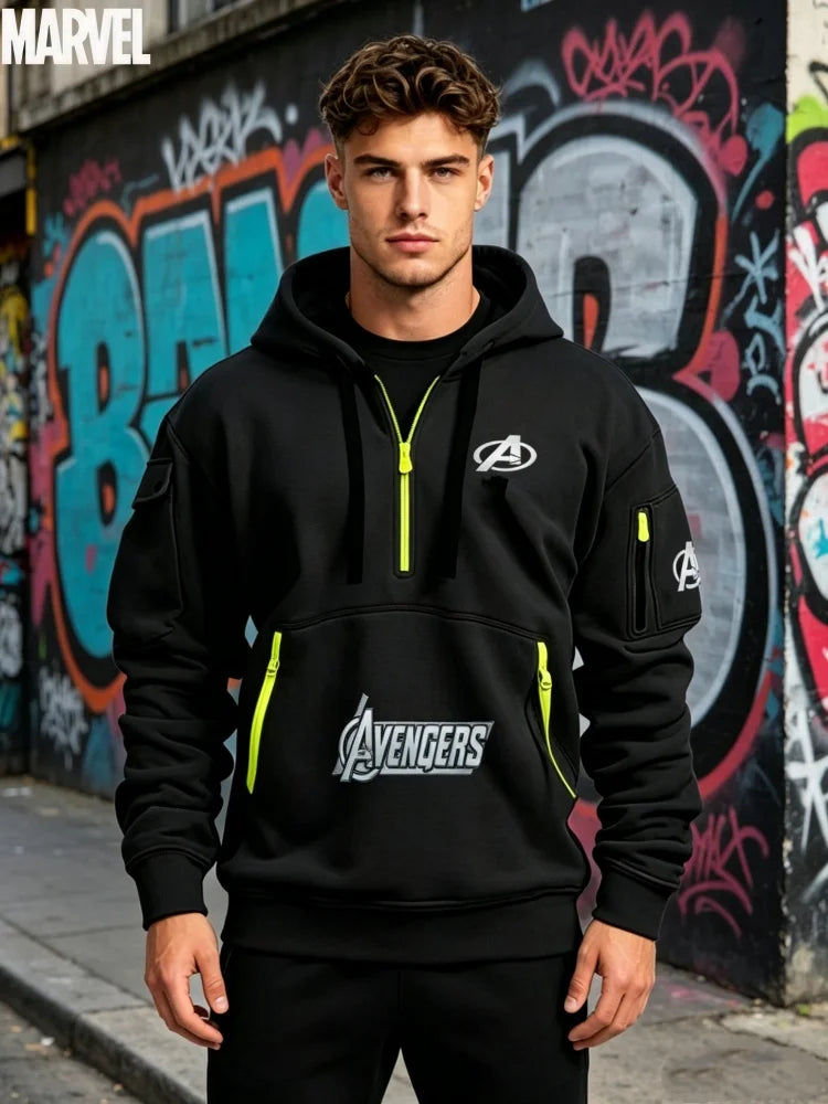 Sweat Capuche Demi-Zip Avengers Homme - Multi-Poches Noir Jaune