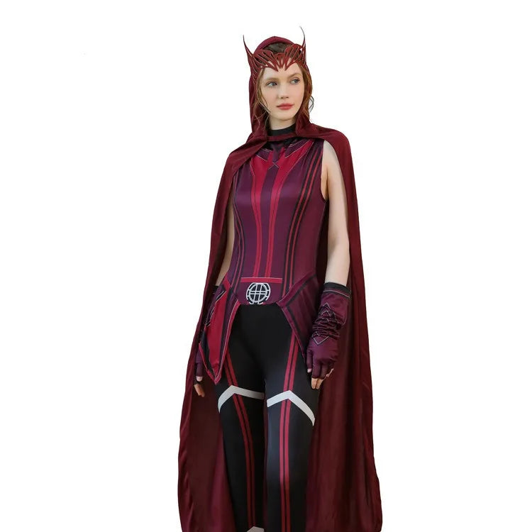 Costume Cosplay Wanda Maximoff Scarlet Witch - Combinaison Rouge Cape avec Coiffe