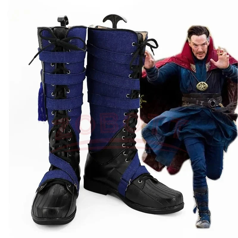 Bottes Cosplay Fantaisie - Cuir Bleu Marine et Noir avec Pompon (Homme)